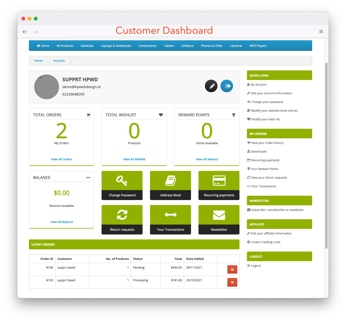 refined customer dashboard for opencart